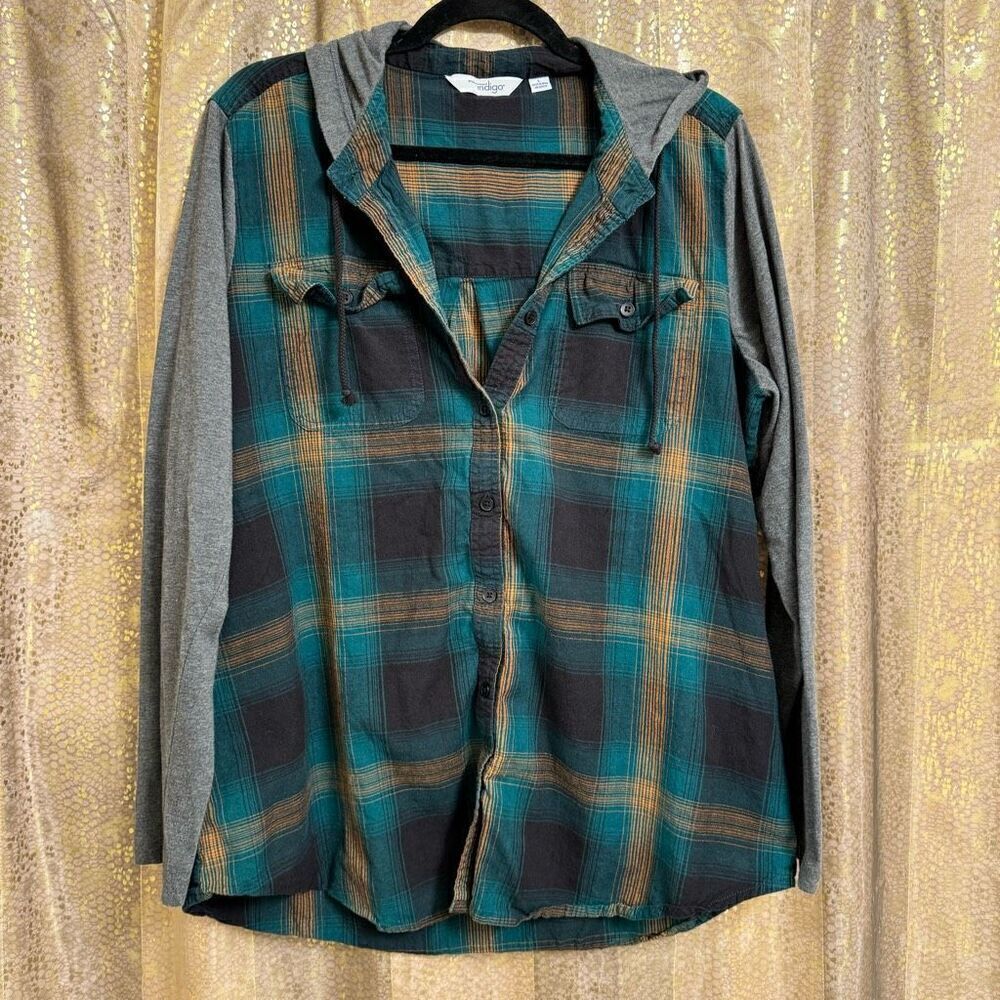 Great Northwest Indigo‎ Fall Teal Green Gray Button Front Hooded Top Large